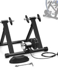 Indoor Bike Trainer Stand With Eight Level Magnetic Resistance For 26 To 28 Inch Wheels showing trainer stand and accessories