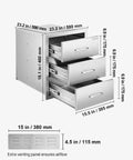Outdoor Kitchen Drawers Stainless Steel Triple-Access Modular Cabinet For BBQ Island And Patio Grill Station, three open drawers showing dimensions.