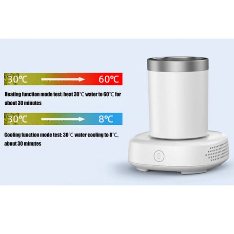 Dope Two In One Desk Drink Heater And Chiller With Matching Mug displaying temperature settings for heating and cooling functions.