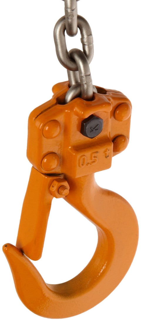 Close-up of Hand Chain Hoist With Hook Mount, Half-Ton Capacity, 1.1 In Hook Opening, Die-Cast Aluminum Body