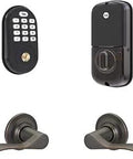 Assure Lock Z Wave Keypad Deadbolt With Matching Lever, Oil Rubbed Bronze in package view showing keypad, deadbolt, lever.