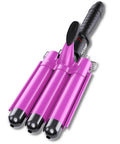 Purple 1-inch triple barrel curling iron with tourmaline tech for beachy waves, fast heating, LCD, dual voltage, auto off 60 min.