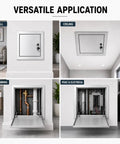 Four images showing a Bulletproof 10x10 Stainless Steel Access Panel For Drywall And Ceiling With Hinged Door in wall, ceiling, plumbing, and HVAC applications.