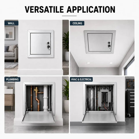 Four images showing a Bulletproof 10x10 Stainless Steel Access Panel For Drywall And Ceiling With Hinged Door in wall, ceiling, plumbing, and HVAC applications.