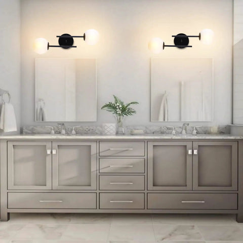 Two Light Modern Matte Black Vanity Lights With White Globe Glass Shades Industrial Farmhouse Wall Lamp mounted in bathroom.