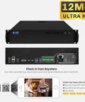 Heavy Duty 64 Channel 4K Security Camera System With 64 8MP Poe Turret Cameras Color Night Vision Face Recognition Two Way Audio Weatherproof Nvr Kit Plug And Play Ready To Roll For Foolproof Home Defense showing network video recorder front and back views with connections.