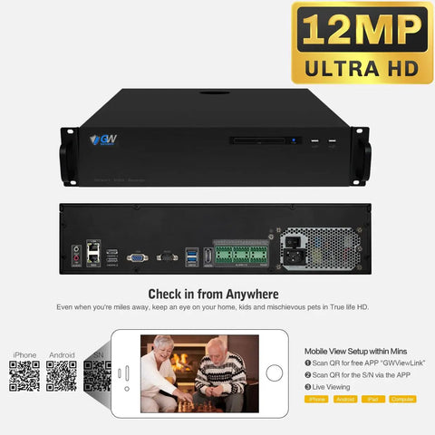 Heavy Duty 64 Channel 4K Security Camera System With 64 8MP Poe Turret Cameras Color Night Vision Face Recognition Two Way Audio Weatherproof Nvr Kit Plug And Play Ready To Roll For Foolproof Home Defense showing network video recorder front and back views with connections.