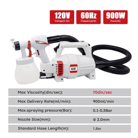 900W Electric Spray Gun With 900 Ml Detachable Cup High Power HVLP Paint Sprayer for large DIY projects with specs shown
