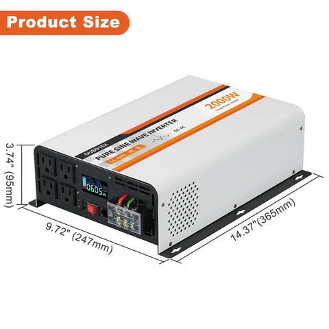 2000 Watt Pure Sine Wave Power Inverter Converts 12V DC To 120V AC With LCD Display, dimensions 14.37" x 9.72" x 3.74".