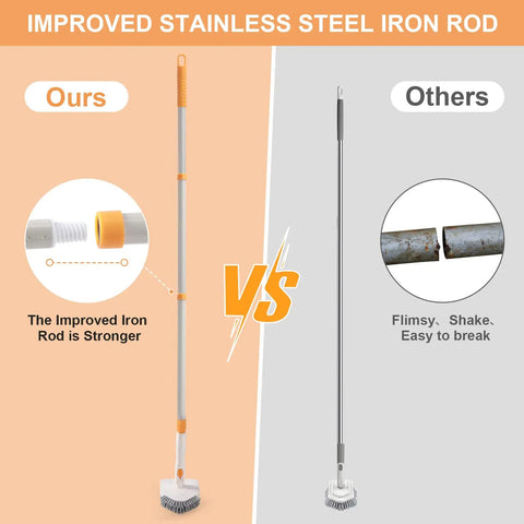 Comparison of 3 In 1 Shower Scrubber With Long 50 Inch Handle Set and another rod, showing improved stainless steel iron rod strength.