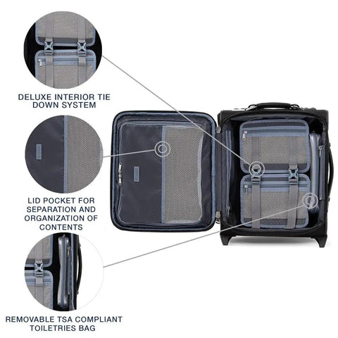 Open view of Platinum Elite Softside Expandable Carry On Luggage showing deluxe interior features and compartments