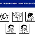 Illustration showing steps to wear a N95 Mask Pack Of 20 With NIOSH Certification safely, including hand washing and adjusting fit.
