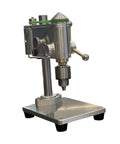 Compact Mini Drill Press For Benchtop Use Portable Clamp Holder Perfect For Jewelry Making And Small Repairs With Universal Chuck Support, silver aluminum build, small size.