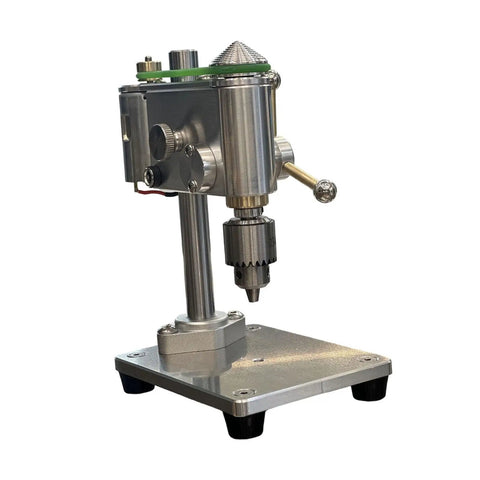 Compact Mini Drill Press For Benchtop Use Portable Clamp Holder Perfect For Jewelry Making And Small Repairs With Universal Chuck Support, silver aluminum build, small size.