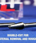 Three carbide burrs, ball-end, double-cut for die grinder, with 1/4" shanks, on blue surface.