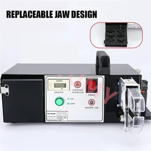 Heavy Duty Electric Terminal Crimping Machine With Seven Replaceable Dies For Automatic Stripping And Cutting Wire Press Clamp Tools 0.25 To 35mm2 Professional Grade Power Tool front view showing control panel and jaw design