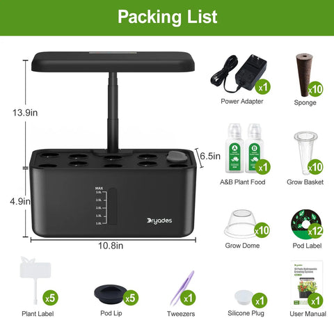 Indoor Hydroponics Growing System For Herbs And Vegetables, 10 Pod Kit with 24W LED, components shown in packing list