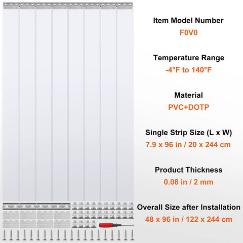 Specifications of Clear PVC Strip Curtain 12 Pack For Walk In Freezers, Coolers And Warehouse Doors, dimensions and material details.