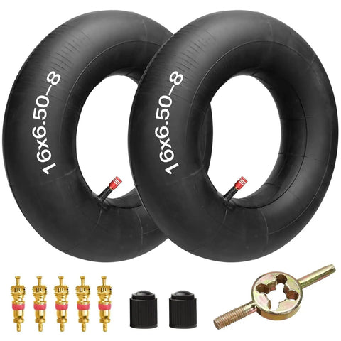 Heavy Duty Inner Tubes For 16x6.50-8 And 16x7.50-8 With Straight Valve Stem, Pack Of 2, with valves and caps