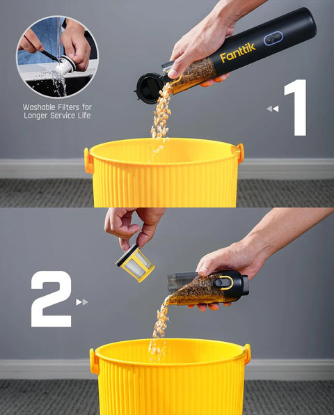 Fanttik Slim V8 APEX car vacuum, black handheld cordless with yellow branding, 19000Pa suction, 4-in-1