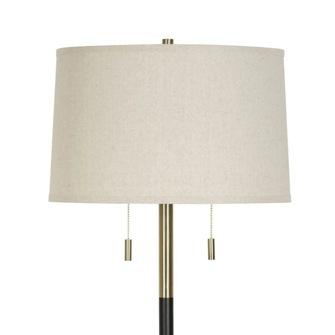 Transitional 2 Light Floor Lamp With Dual Pull Chains In Black And Antique Brass Finish, close-up of lampshade and pull chains.