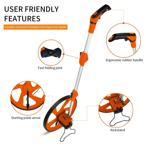 Distance Measuring Wheel With Feet And Inches Readout, Collapsible Folding Design, ergonomic handle, and kickstand close-up
