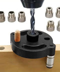 Dead Straight Self Centering Doweling Jig Badass Accuracy Handheld Drill Guide Heavy Duty Woodworking Hole Locator attached to a wooden board.