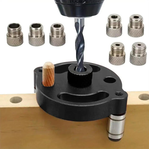 Dead Straight Self Centering Doweling Jig Badass Accuracy Handheld Drill Guide Heavy Duty Woodworking Hole Locator attached to a wooden board.