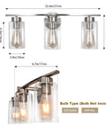 Three Light Brushed Nickel Luxe Bathroom Vanity Wall Sconce With Curved Modern Design And Clear Glass Shades Over Mirror For Bathroom Kitchen Living Room Bedroom, showing size dimensions and bulb details.