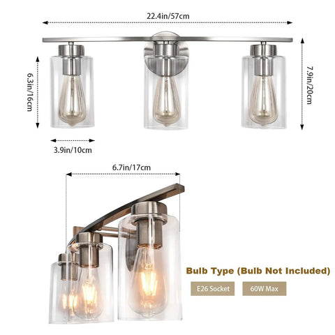 Three Light Brushed Nickel Luxe Bathroom Vanity Wall Sconce With Curved Modern Design And Clear Glass Shades Over Mirror For Bathroom Kitchen Living Room Bedroom, showing size dimensions and bulb details.