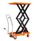 Heavy-Duty Hydraulic Lift Table Cart With Reliable Pump And Easy Operation max capacity 770 lbs with orange platform and wheels.
