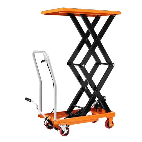Heavy-Duty Hydraulic Lift Table Cart With Reliable Pump And Easy Operation max capacity 770 lbs with orange platform and wheels.