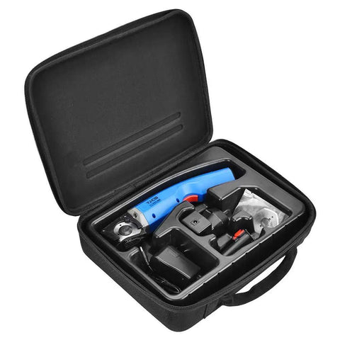 Heavy Duty Electric Scissors And Fabric Cutter Shears For Leather And Cloth With 4500 RPM Power in a compact black carrying case.