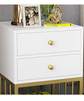 Heavy Duty Two Drawer Nightstand With Rugged Metal Frame And Zero Fuss Cleaning, white finish, gold drawer pulls, modern design.