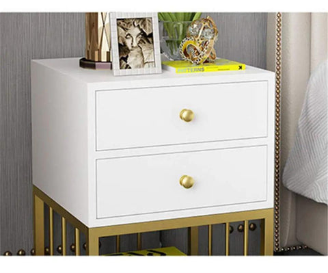 Knockout Modern Bedside Table With Two Deep Drawers And Flexible Sofa Side Cabinet Build Heavy Duty Metal Frame in white and gold.