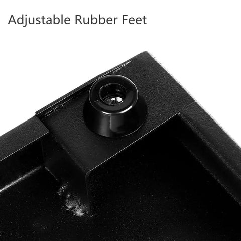 Close-up of adjustable rubber feet on compact 15.7 by 4.9 inch steel guitar pedal board with carry bag, fits 4-5 pedals, 8-degree tilt.