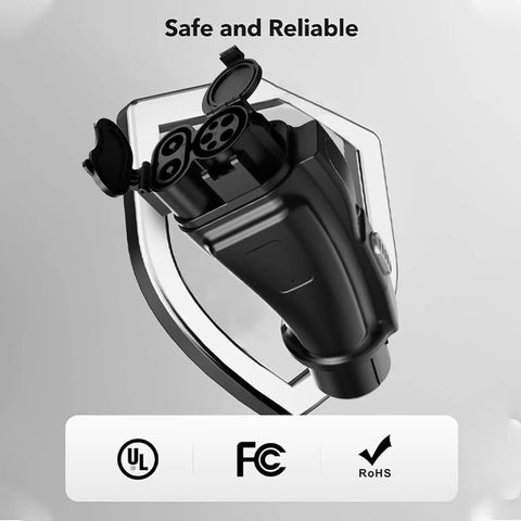 Close-up of Heavy Duty CCS1 To Chademo EV Charger Adapter Featuring No Sweat Waterproof Build And Straight Up 1000V DC Fast Charging Power For Japanese Electric Cars Rolling Out with open ports.