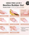 Image of a HEMA free 8 in 1 builder gel kit showing nail building, extension, reinforcement, infill gap, color gel, and more applications.