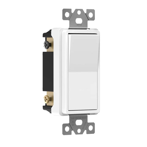 Four Way Decorator Paddle Rocker Light Switch With Clamp Down Wiring Copper Terminals Grounding Screw Residential Grade 15A 120V And 277V UL Listed White