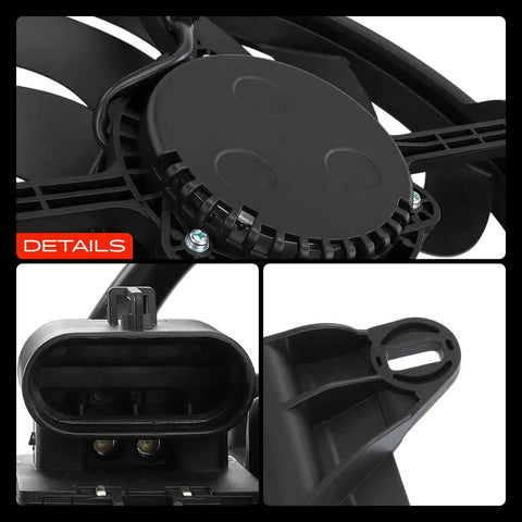 Tight Fitment Built Tough Engine Radiator Cooling Fan Shroud Assembly Straight Shot Replacement For Chevrolet Sonic 2012 To 2018 1.8L showing motor, fan blade detail, and connector.