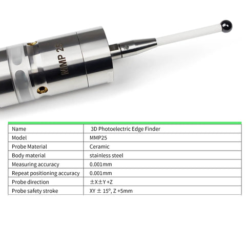 3D Edge Finder With Ceramic Probe For CNC Milling And Lathe Centers on stainless steel body with measurement specs chart