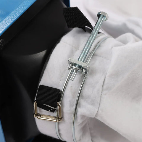 Close-up of LIAPDG 1HP Wheeled Dust Collector With 550 CFM Power showing the filter bag attachment and clamp details.