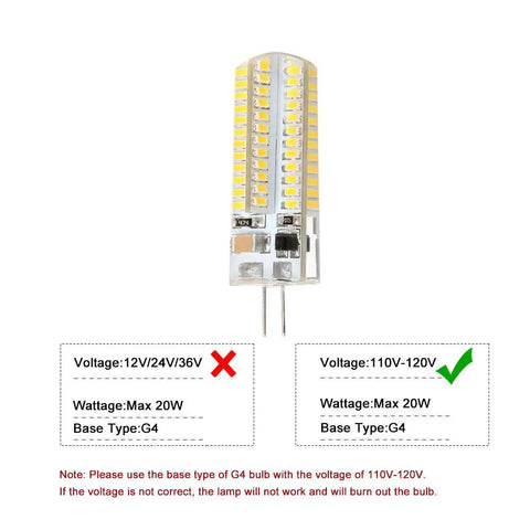 Close-up of LED bulb with voltage and wattage specifications for correct installation