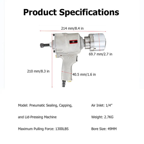 Pro Grade 49Mm Pneumatic Capping Crimping Tool For Sealing 200L Iron Drum Lids specifications with size and weight details.