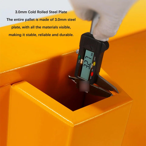 Close-up of measurement tool on Heavy Duty Spill Containment Pallet On Wheels Yellow Leakproof Drain Tray for Oil Drums.