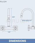 Diagram of Wall Mount Kitchen Faucet With Sprayer And 360 Degree Swivel Spout Double Cross Handles Commercial Grade 8 Inch Center Brushed Nickel Finish Solid Brass Construction Heavy Duty Kitchen Sink Mixer Tap with dimensions.