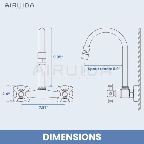 Diagram of Wall Mount Kitchen Faucet With Sprayer And 360 Degree Swivel Spout Double Cross Handles Commercial Grade 8 Inch Center Brushed Nickel Finish Solid Brass Construction Heavy Duty Kitchen Sink Mixer Tap with dimensions.