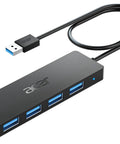 Black Four Port USB 3.0 Hub With 5Gbps Transfer, Laptop And PC Extender, Power Port Enabled, 2ft Cable, Plug And Play shown.