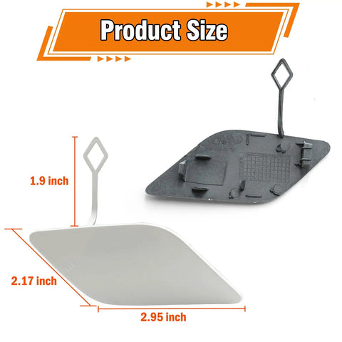 Mercedes Benz E Class W212 Tow Hook Cover Right Passenger Side Front Bumper Cover White Replacement for OE A2128850126, shown with measurements of 1.9 x 2.17 x 2.95 inches