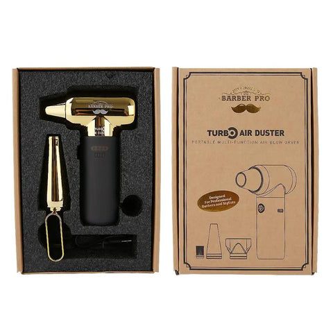 High Power Electric Compressed Air Duster With 3 Gear Settings shown in packaging with gold and black finish